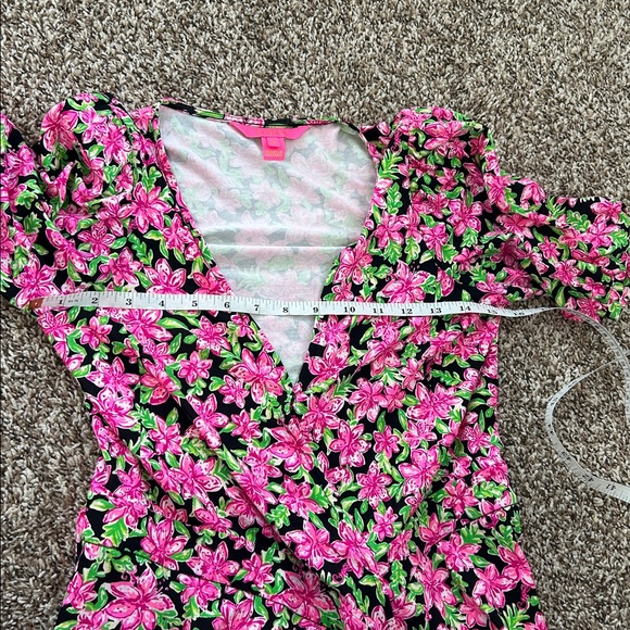 Lilly Pulitzer Kessler Lil Lilly Onyx Pink Green Floral Ruffle Wrap Dress XS - Picture 8 of 11